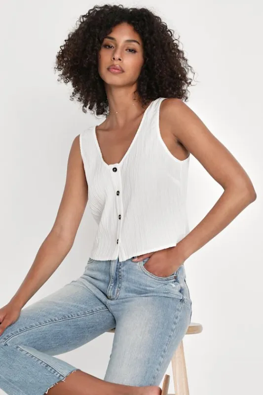 Daytime Love Ivory Textured Button-Front Cropped Tank Top sold by Lulus