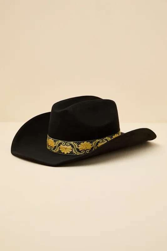 Solon Black Embroidered Band Western Hat sold by Lulus