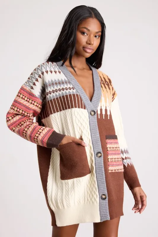 Emilee Brown and Cream Fair Isle Sweater Mini Dress sold by Lulus