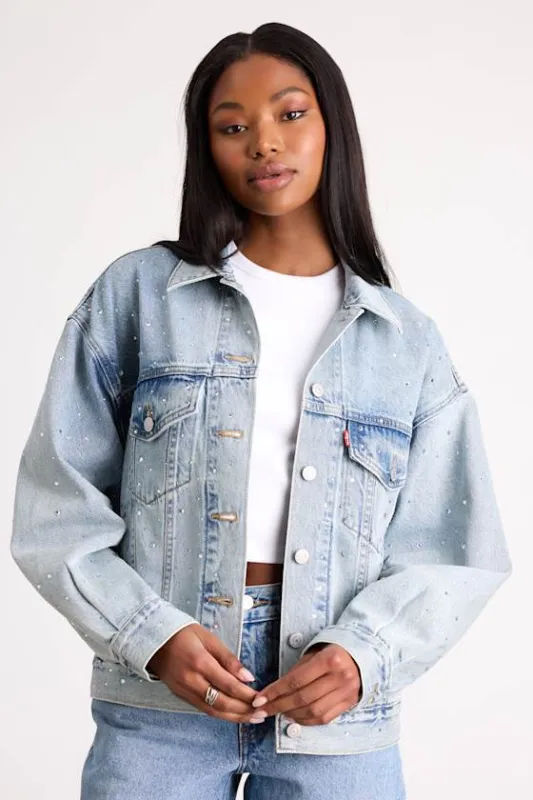 '90s Trucker Light Wash Rhinestone Denim Jacket sold by Lulus