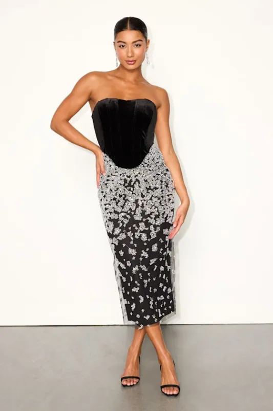Renessa Black and Silver Velvet Sequin Strapless Midi Dress sold by Lulus
