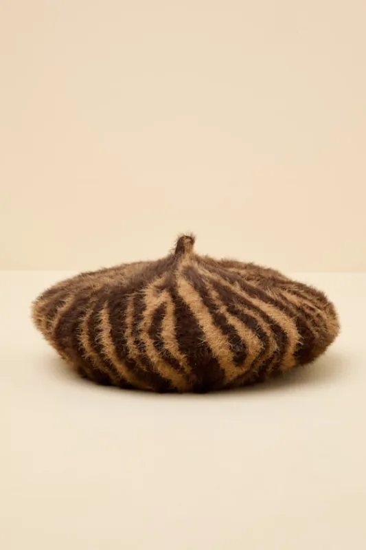 Dashwood Brown Animal Print Fuzzy Knit Beret sold by Lulus