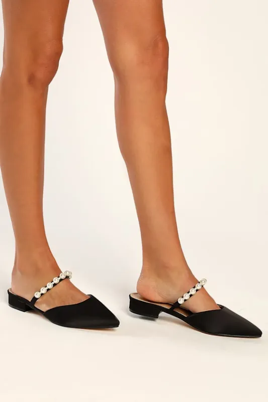 Hershie Black Satin Pearl Pointed-Toe Mule Slides made by Lulus