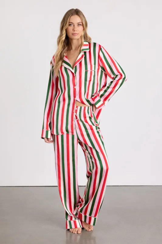 Classic White Multi Jolly Stripes Satin Two-Piece Pajama Set sold by Lulus