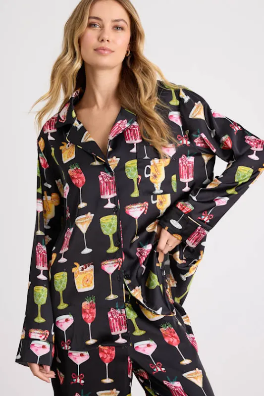 Classic Black Holiday Cocktail Satin Two-Piece Pajama Set sold by Lulus