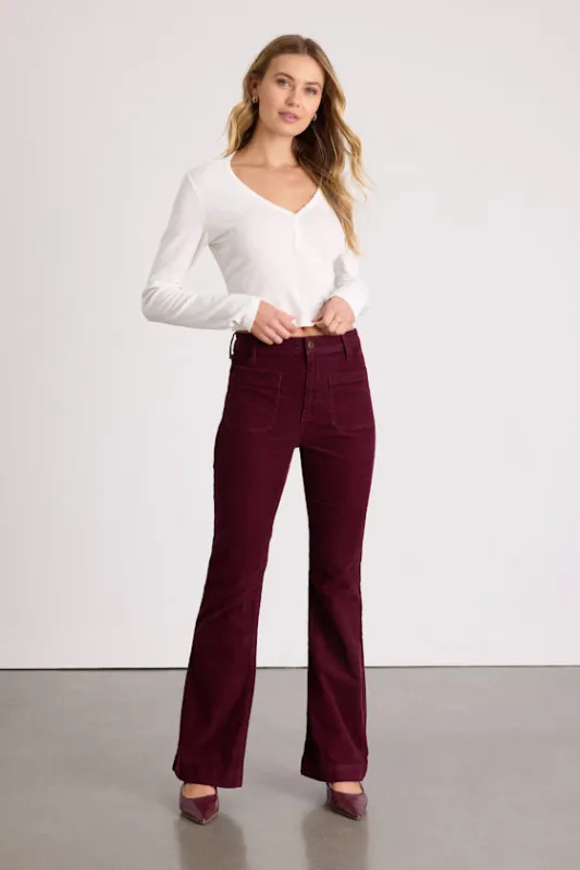 Relia Wine Red Corduroy High-Rise Flare Pants sold by Lulus