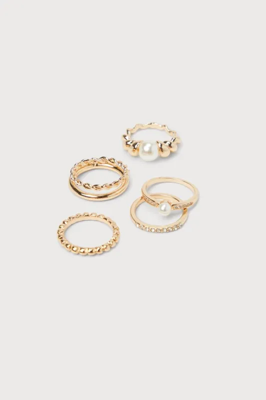 Luxe Imagination Gold Pearl Rhinestone Ring Set sold by Lulus