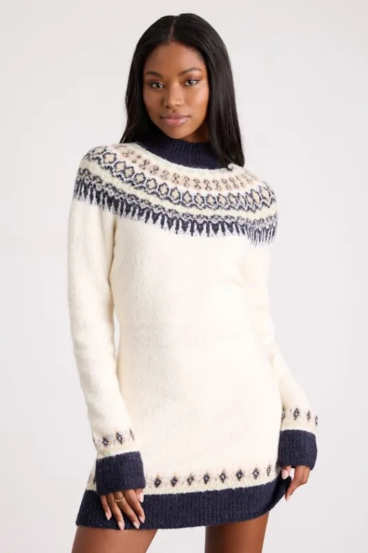 Nina Ivory and Navy Fair Isle Sweater Mini Dress sold by Lulus