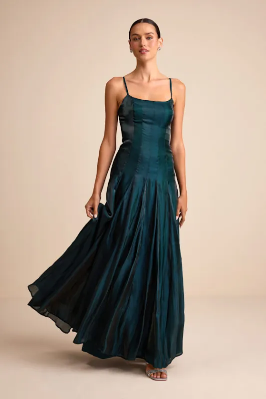 Zeline Dark Green Organza Pleated Drop Waist Maxi Dress sold by Lulus