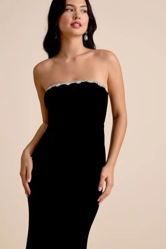 Leesa Black Velvet Rhinestone Mermaid Maxi Dress sold by Lulus