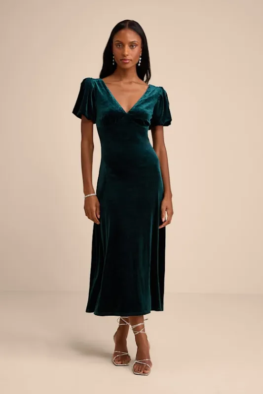 Obrissa Emerald Velvet Puff Sleeve Tie-Back Midi Dress sold by Lulus