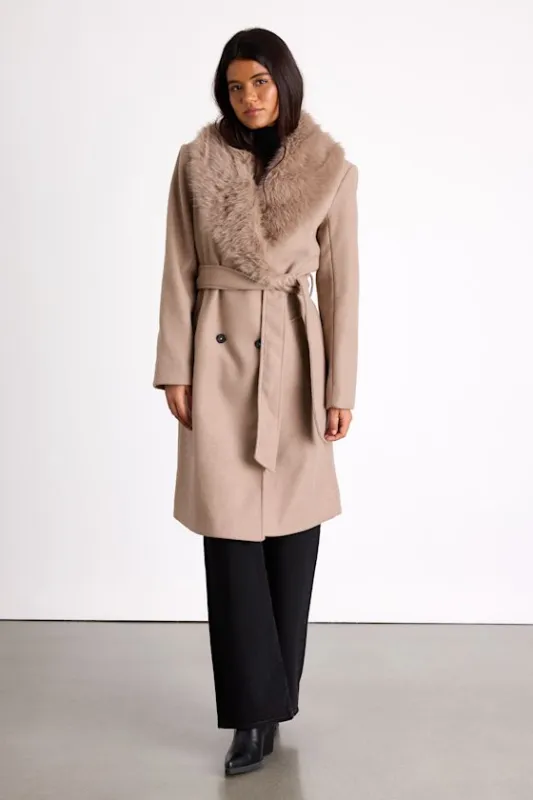 Cantrell Taupe Double-Breasted Faux Fur Coat sold by Lulus