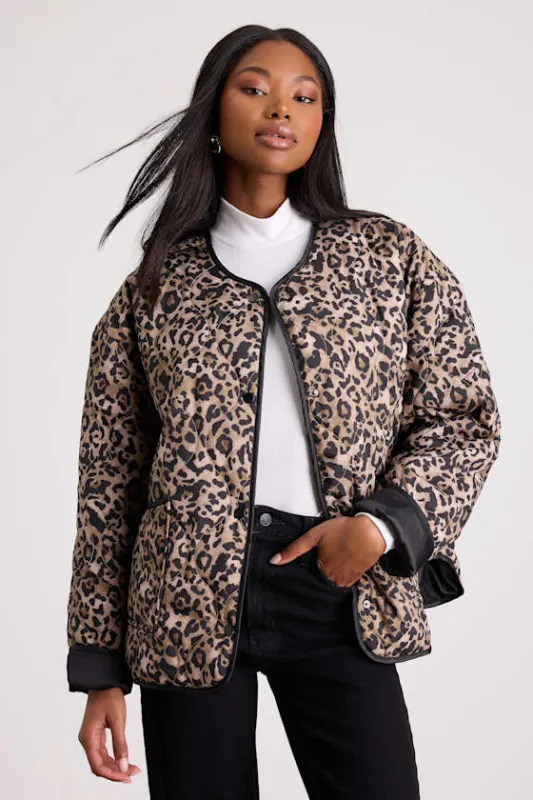 Lisa Brown Leopard Print Collarless Quilted Jacket sold by Lulus