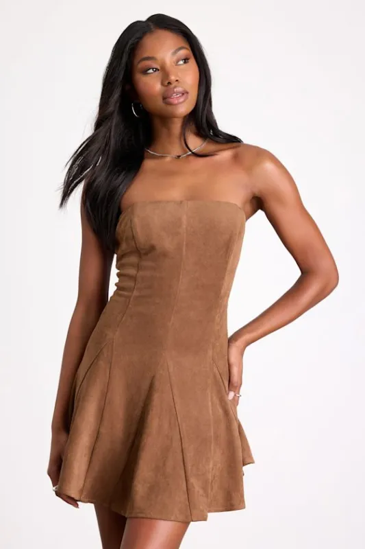 Andrada Light Brown Suede Strapless Mini Dress made by Lulus