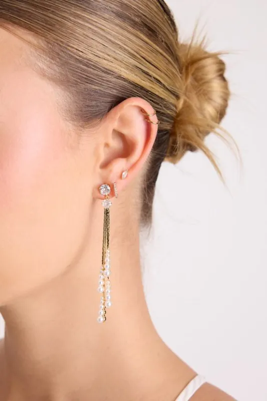 Nicole Gold Rhinestone Pearl Fringe Earrings sold by Lulus