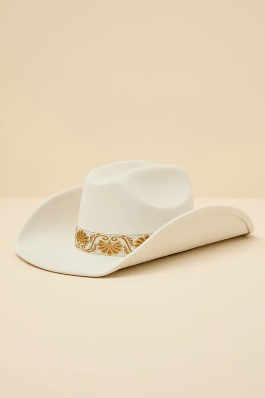 Solon White Embroidered Band Western Hat sold by Lulus
