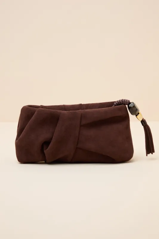 Louela Chocolate Suede Clutch sold by Lulus