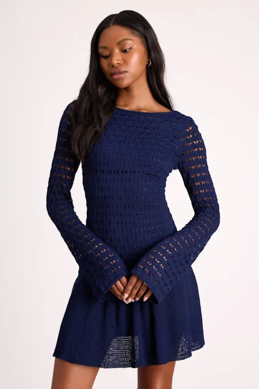 Sylvie Navy Loose Knit Drop Waist Sweater Mini Dress made by Lulus