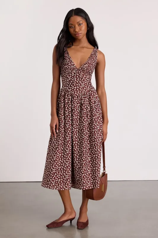 Janella Brown Floral Basque Waist Midi Dress sold by Lulus