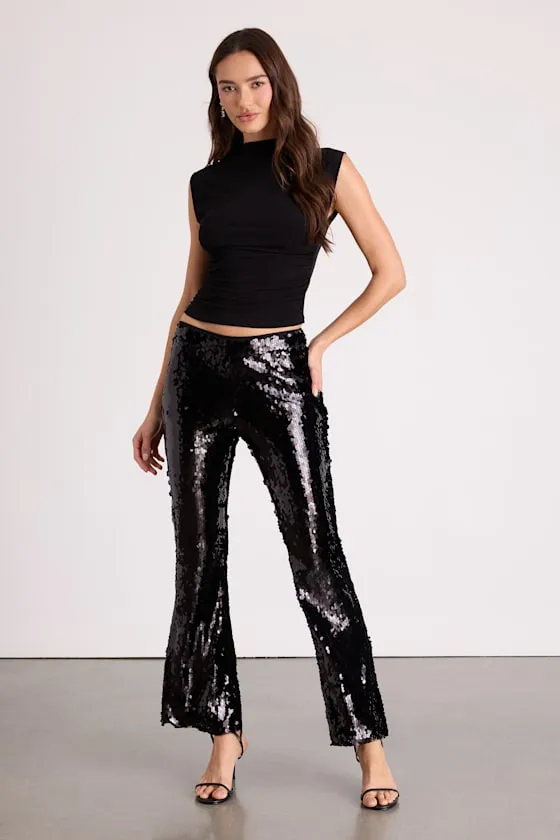 Christella Black Sequin Low-Rise Flare Pants sold by Lulus