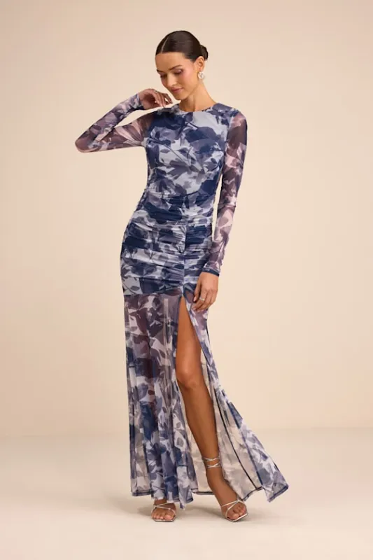 Vibrant Poise Blue Floral Print Mesh Ruched Maxi Dress sold by Lulus