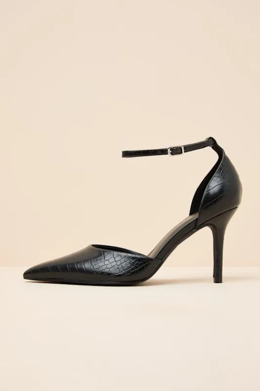Acrux Black Croc Pointed-Toe Ankle Strap Pumps sold by Lulus