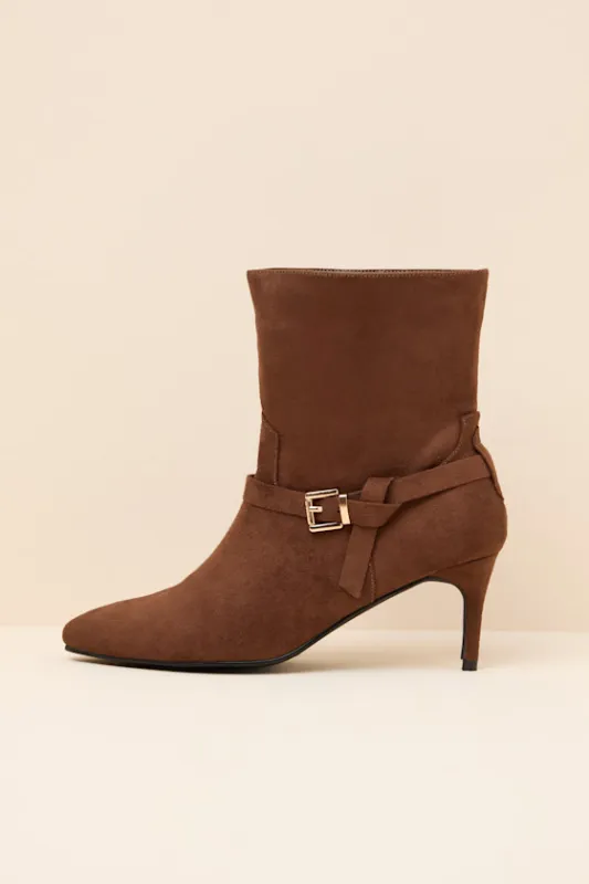 Jonelle Chocolate Suede Buckle High Heel Booties sold by Lulus