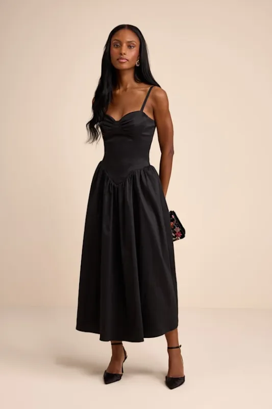 Goodwin Black Taffeta Tie-Strap Bustier Midi Dress sold by Lulus