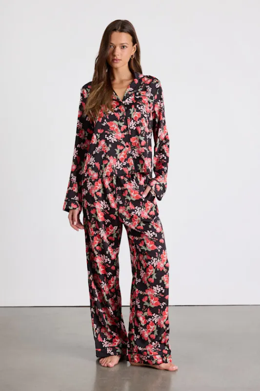 Galette Black Multi Floral Satin Two-Piece Pajama Set sold by Lulus