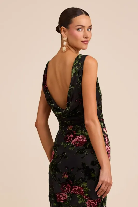 Declan Black Floral Burnout Cowl Back Maxi Dress sold by Lulus