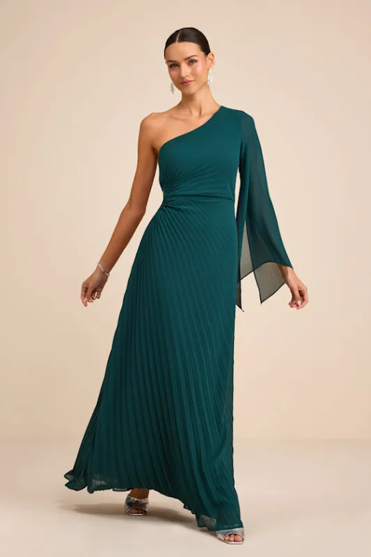 Cecillia Emerald Pleated One-Shoulder Maxi Dress sold by Lulus