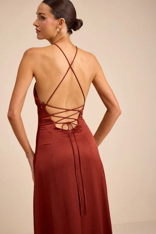 Nisrine Rust Red Satin Lace-Up Halter Maxi Dress sold by Lulus