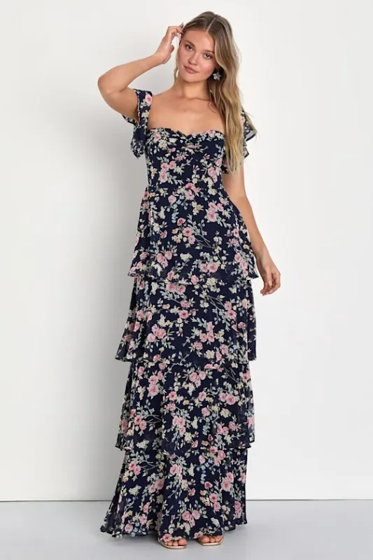 Charming Passion Navy Blue Floral Off-the-Shoulder Maxi Dress sold by Lulus