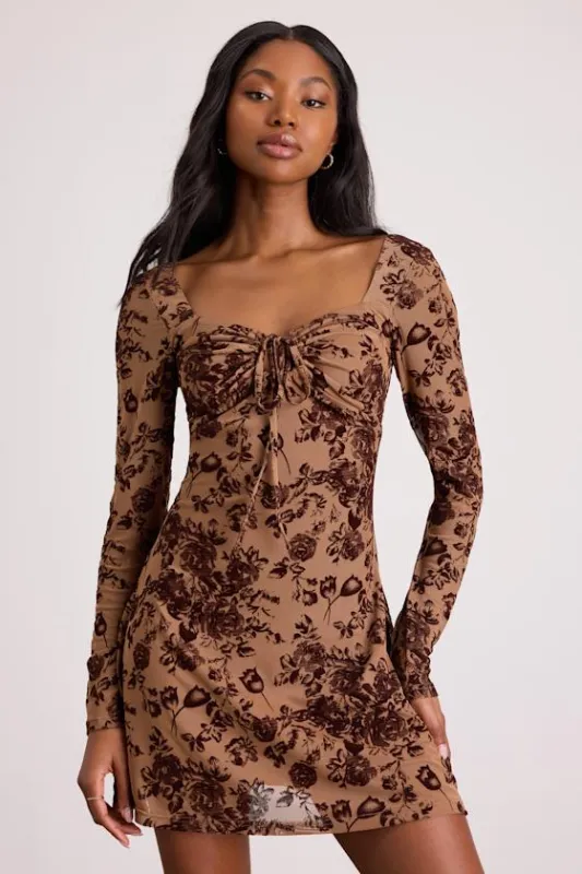 Ardella Light Brown Floral Mesh Long Sleeve Mini Dress sold by Lulus