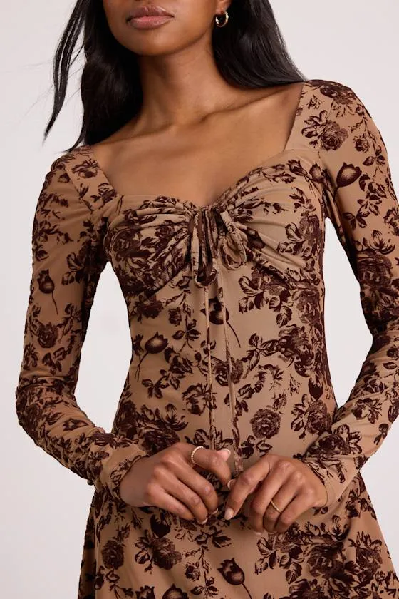 Ardella Light Brown Floral Mesh Long Sleeve Mini Dress sold by Lulus product image thumbnail 2