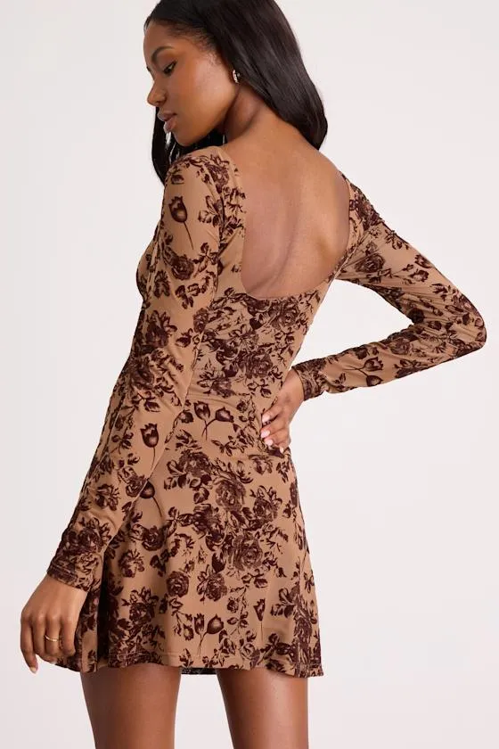 Ardella Light Brown Floral Mesh Long Sleeve Mini Dress sold by Lulus product image thumbnail 3