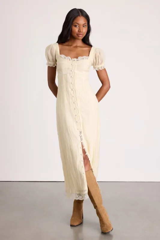 Crissa Cream Lace Textured Puff Sleeve Midi Dress sold by Lulus