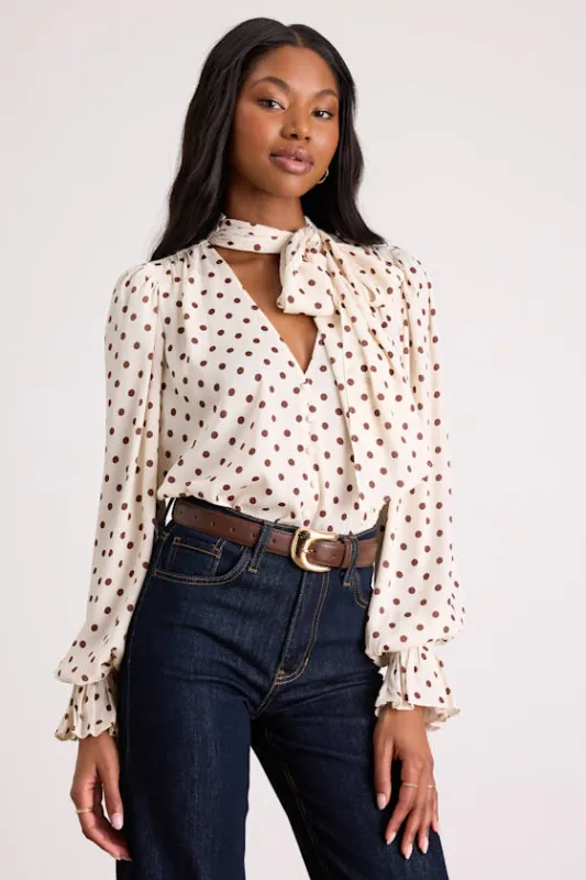 Loen Ivory Polka Dot Tie-Neck Long Sleeve Bodysuit sold by Lulus