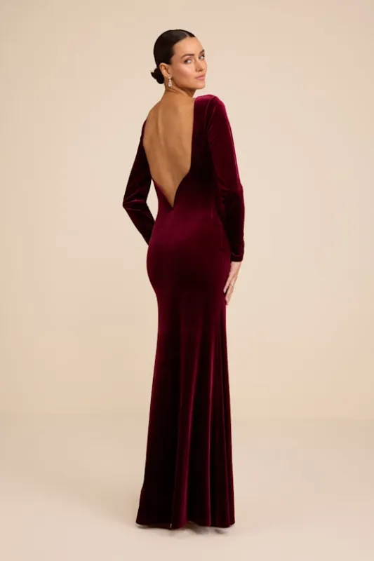 Rabeya Burgundy Velvet Backless Mermaid Maxi Dress sold by Lulus