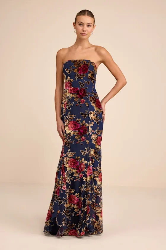 Anoah Navy Floral Velvet Burnout Strapless Maxi Dress sold by Lulus