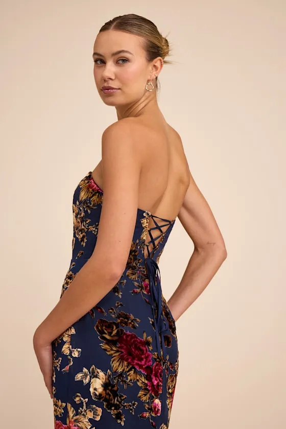 Anoah Navy Floral Velvet Burnout Strapless Maxi Dress sold by Lulus product image thumbnail 2