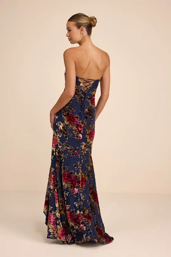 Anoah Navy Floral Velvet Burnout Strapless Maxi Dress sold by Lulus product image thumbnail 3
