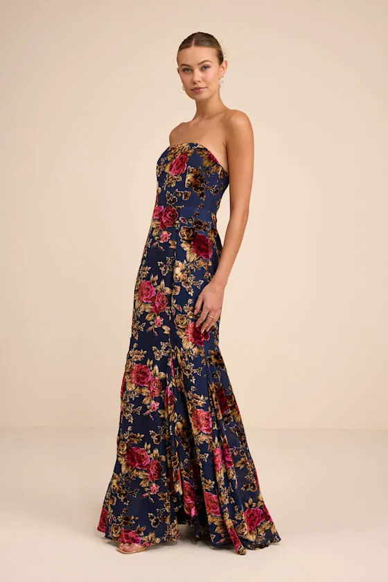 Anoah Navy Floral Velvet Burnout Strapless Maxi Dress sold by Lulus product image thumbnail 4