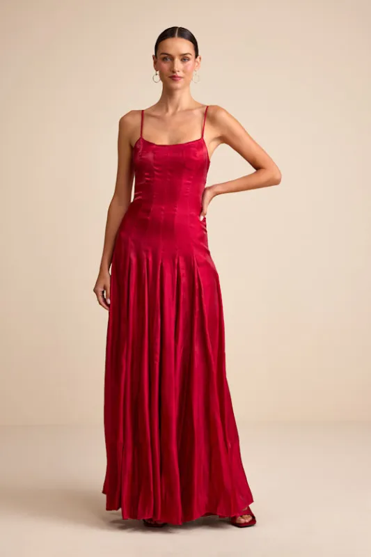 Zeline Berry Red Organza Pleated Drop Waist Maxi Dress sold by Lulus