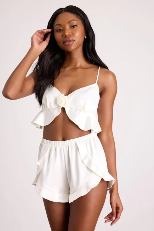 Sarua Ivory Satin Rosette Two-Piece Lingerie Pajama Set sold by Lulus