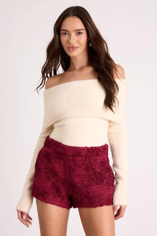 Mulvaney Burgundy Tweed Textured Micro Shorts sold by Lulus