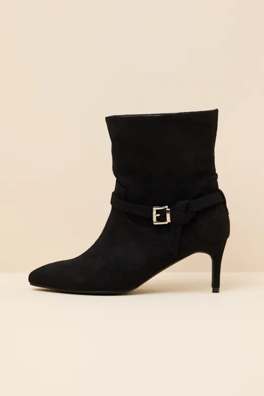 Jonelle Black Suede Buckle High Heel Booties sold by Lulus