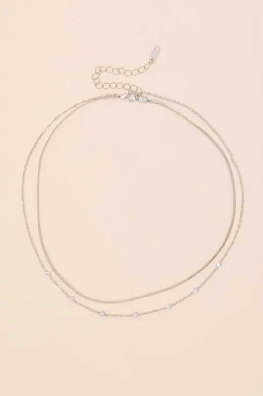 Maggie Silver Rhinestone Layered Necklace sold by Lulus