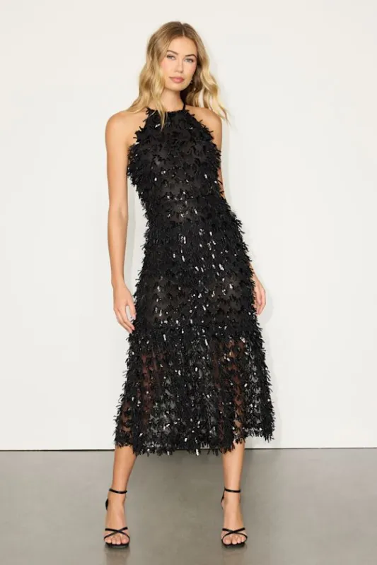 Fallon Black Sequin Halter Midi Dress sold by Lulus