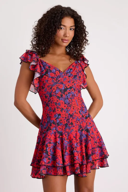 Maulana Red and Black Floral Flutter Sleeve Mini Dress sold by Lulus